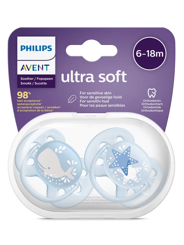 PHILIPS AVENT 2-delige Set: Fopspenen "Ultra Soft" Lichtblauw- Mt. 2 - 2x 2 Stuks 2 PHILIPS AVENT 2-delige Set: Fopspenen "Ultra Soft" Lichtblauw- Mt. 2 - 2x 2 Stuks - Afbeelding 2